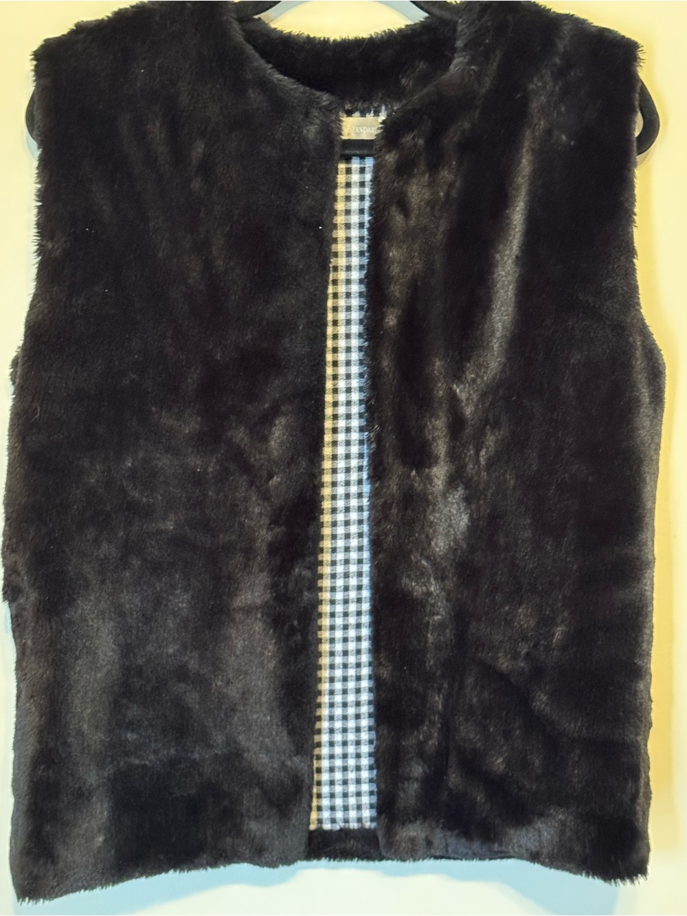 The Royal Standard Faux Fur Black Vest Gingham Lining. Chic Glam Preppy Layering